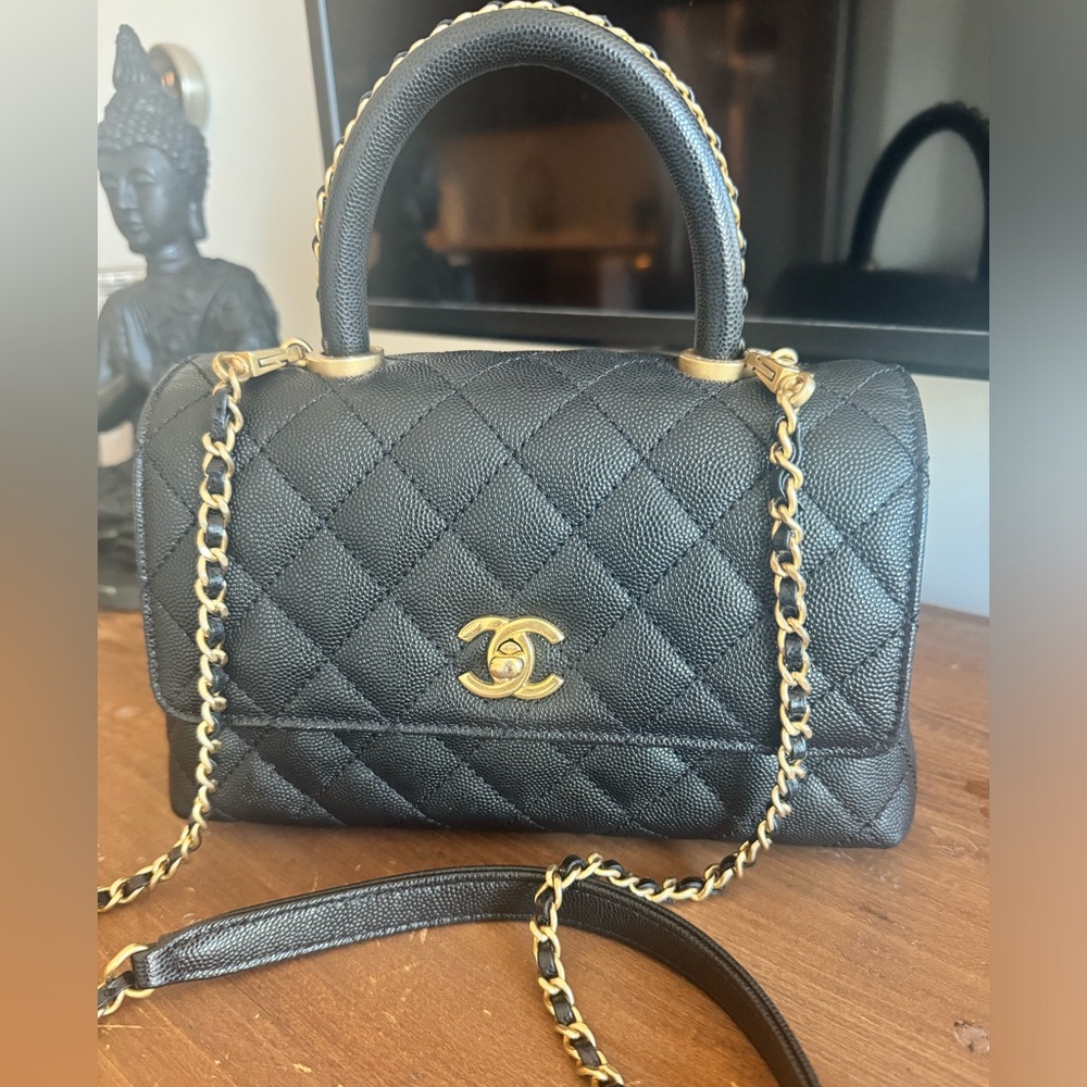 CHANEL classic Coco Top Handle Flap Black Caviar Gold Bag like NEW 23P